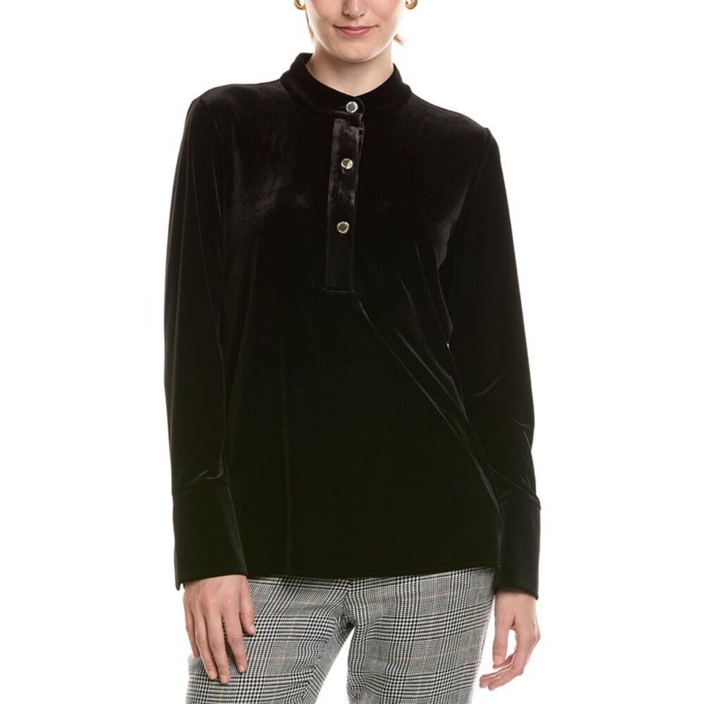 Halston Womens Velvet Mandarin Collar Top, Black